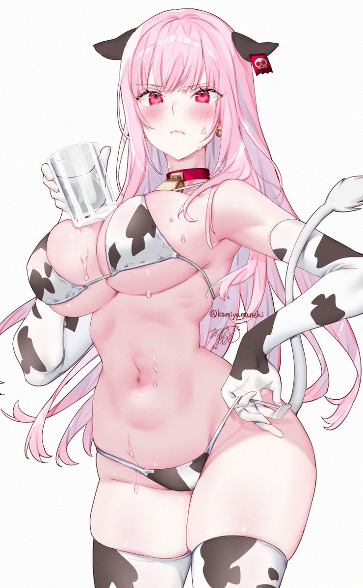 1girls animal_ears belly_button bikini blush breasts cow_ears cow_print cow_print_bikini cow_print_gloves cow_tail cowbell drinking_glass earrings eyebrows_visible_through_hair female female_only glass_cup gloves hololive hololive_english hololive_myth huge_breasts kamiya_maneki light-skinned_female light_skin mori_calliope pink_eyes pink_hair simple_background solo sweat tail virtual_youtuber white_background