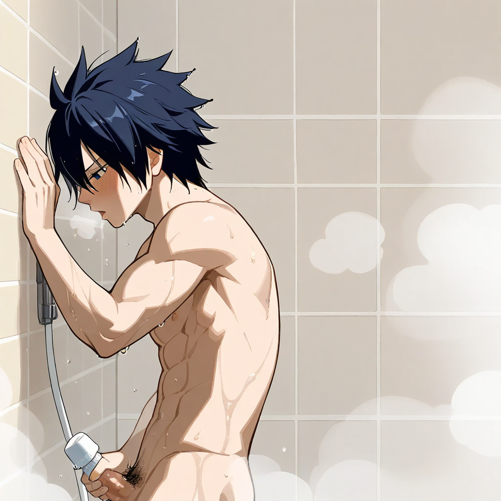 ai_generated bathroom fairy_tail fusing gray_fullbuster male_only masturbation naked steam wet_body