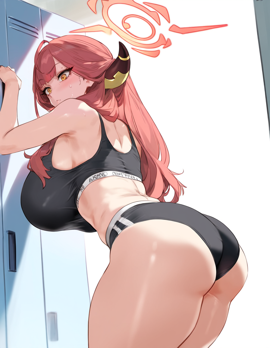 1girls ai_generated aru_(blue_archive) big_breasts blue_archive breasts female female_focus female_only gym_clothing hair hips horns huge_breasts large_breasts long_hair looking_at_viewer pink_hair smiling thick_thighs thighs wide_hips yellow_eyes