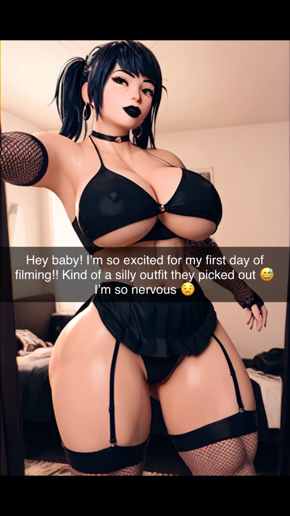 1girls 3d 3d_(artwork) abs ai_generated big_ass big_breasts big_thighs black_clothing black_hair black_lipstick bra choker fishnets fit_female freckles garter_belt garter_straps goth goth_girl kali(oc) latina lingerie lipstick muscular_female pleated_skirt radnsad selfie selfie_pose short_skirt skirt snapchat solo solo_female solo_focus story text thick_thighs twintails