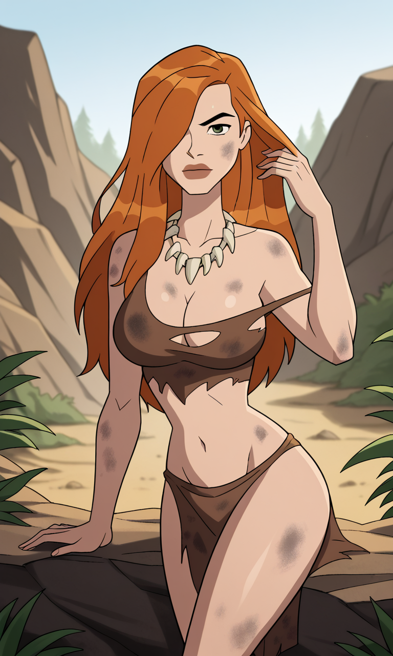 ai_generated ben_10 ben_10_ultimate_alien bigmic145 bone_necklace breasts cavewoman cleavage dirty female female_focus female_only ginger ginger_hair gwen_tennyson gwen_tennyson_(alien_force) gwen_tennyson_(ultimate_alien) hair_over_one_eye jurassic loincloth long_hair medium_breasts orange_hair ripped_clothing ripped_clothing single_bare_shoulder