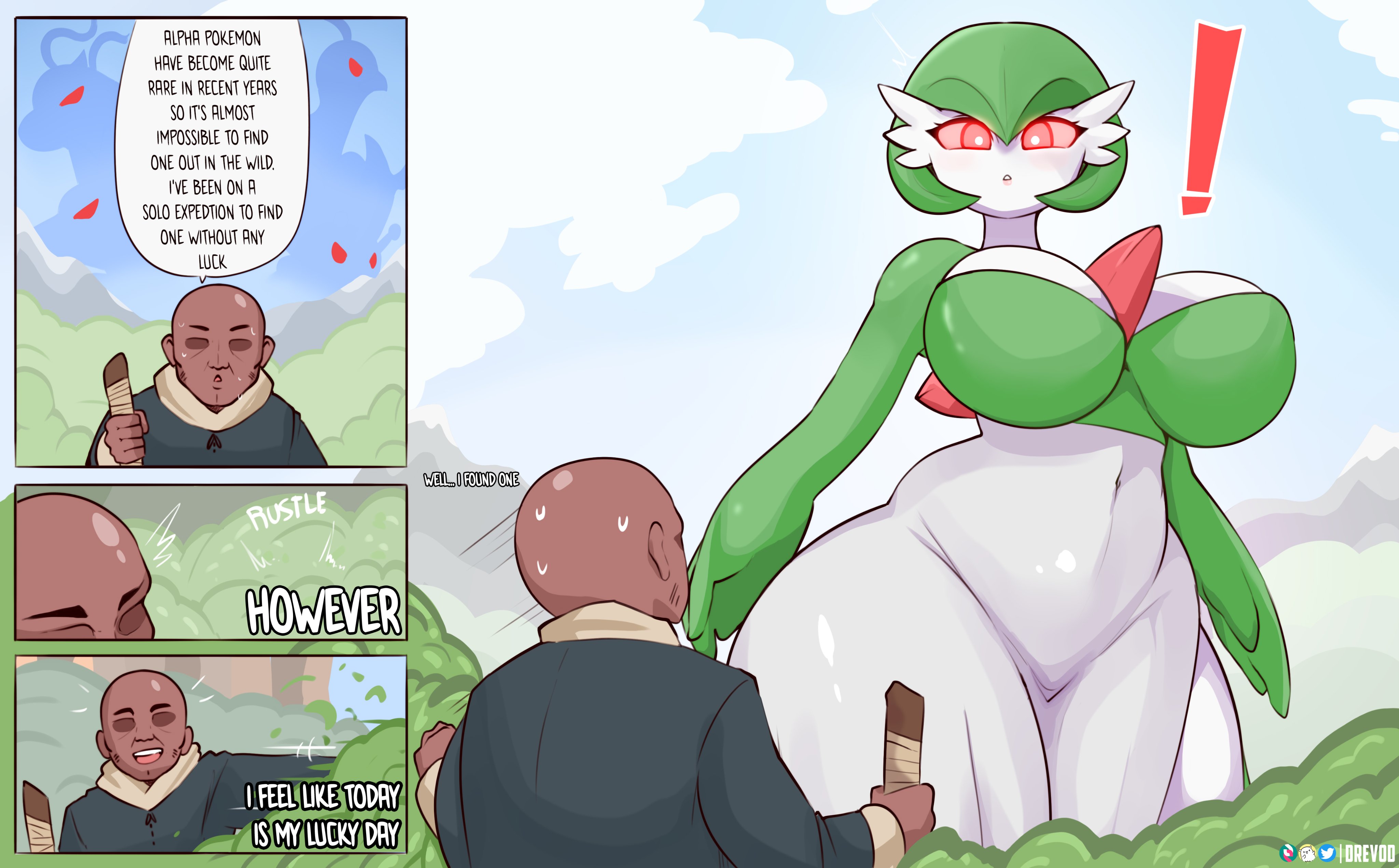 1boy, 1girls, alpha pokemon, breasts, dark skin, dark-skinned male, drevod, english text, female, female focus, gardevoir, giantess, human, human on humanoid, humanoid, inminent sex, large breasts, larger female, male, mature female, nintendo, pale skin, pale-skinned female, pokemon, pokemon legends: arceus, size difference, smaller male, text, thick thighs, thighs, voluptuous, white body, wide hips