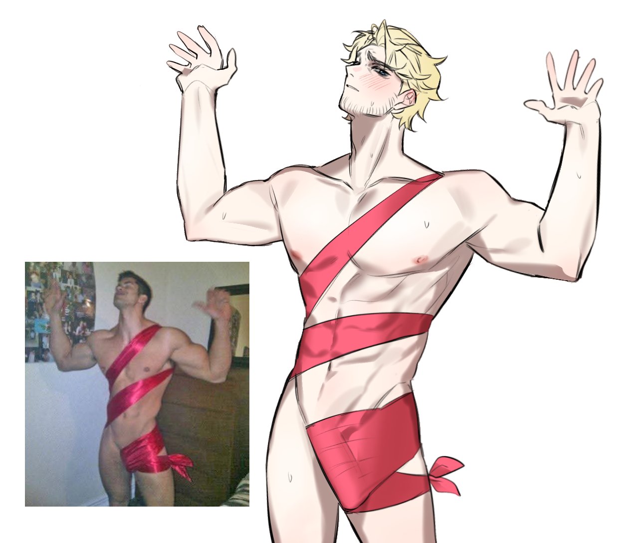 big_cock blonde_hair blonde_male curly_(mouthwashing) funny goofy_ahh male_only merry_christmas_guys!_i_know_is_too_early_tho mouthwashing nude_guy_wrapped_in_ribbons_standing_(meme) red_lace ribbon ribboned_body silly solo wrapped wrapped_up