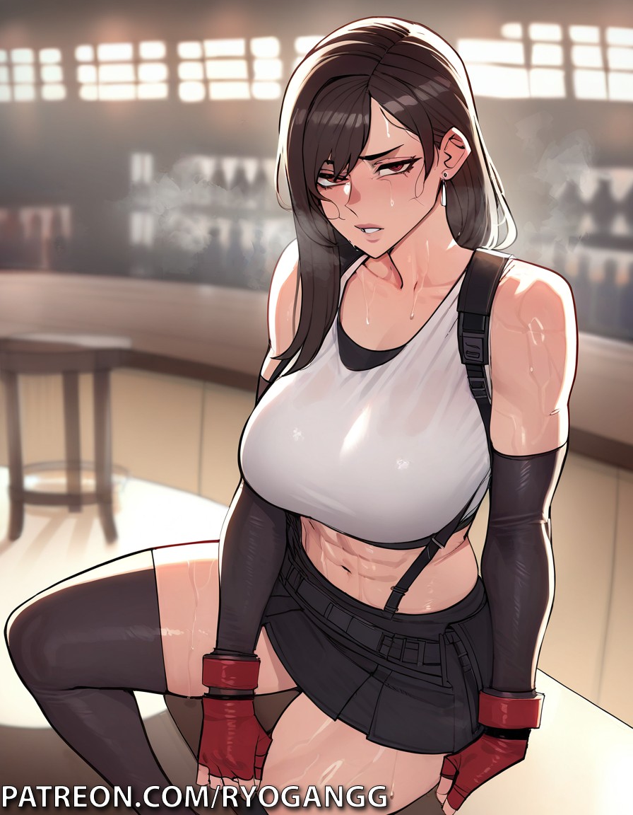 abs ai_generated crop_top final_fantasy final_fantasy_vii fingerless_gloves gloves large_ass looking_at_viewer muscular_female ryogangg sitting skirt thick_thighs thighhighs tifa_lockhart toned_female