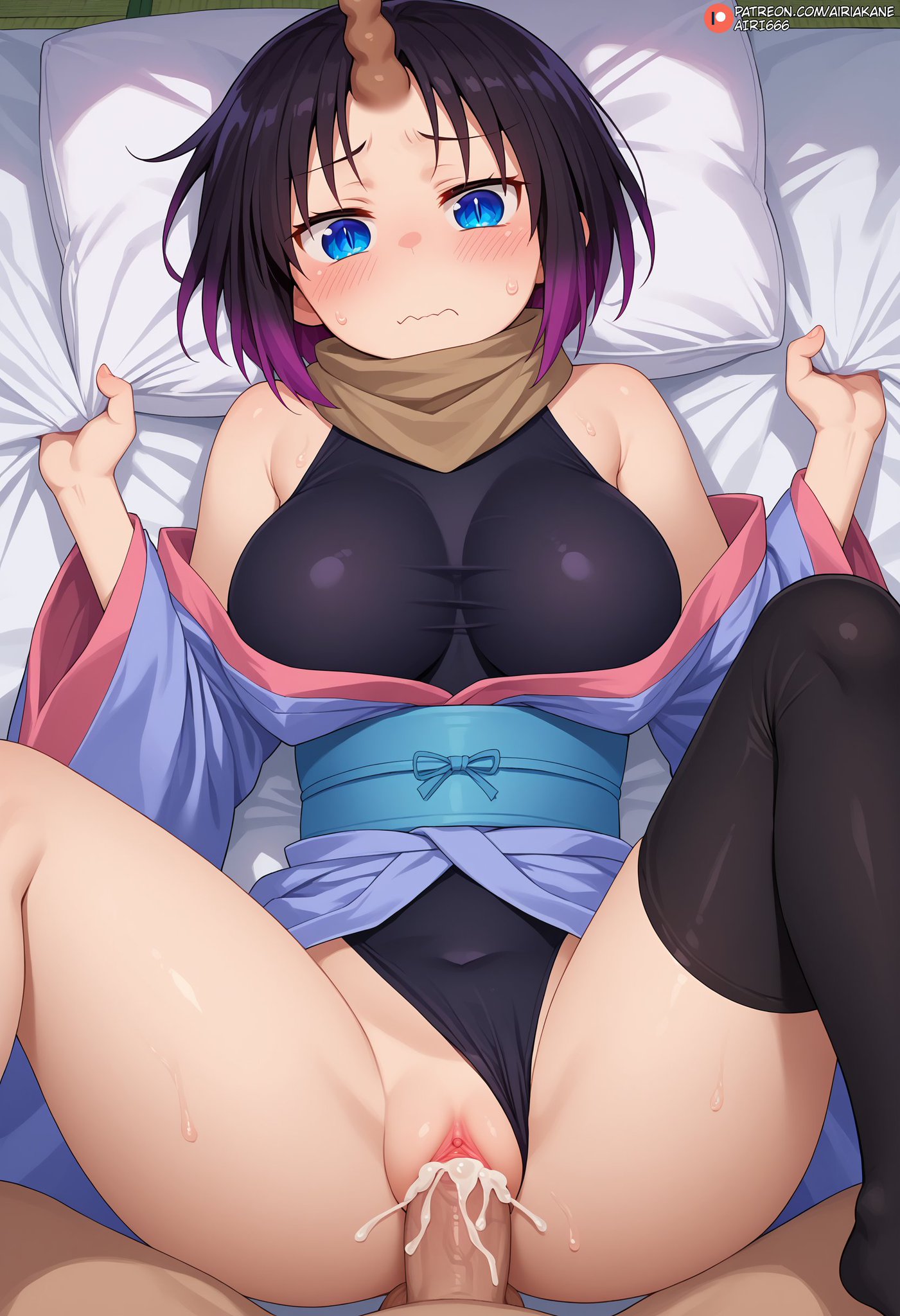 1boy, 1girls, ai generated, airiakane, bare thighs, big penis, black hair, blue eyes, blush, breasts, cum, cum inside, dragon girl, elma (dragon maid), female, gigantic breasts, huge breasts, huge cock, huge thighs, kobayashi-san chi no maidragon, light skin, light-skinned female, light-skinned male, looking at viewer, male, massive breasts, miss kobayashi's dragon maid, missionary position, multicolored hair, nai diffusion, nude, nude male, penis, pussy, sex, short hair, squatting, sweat, sweatdrop, thick body, thick female, thick thighs, thighhighs, thighs, vaginal penetration, veiny penis, voluptuous, voluptuous female