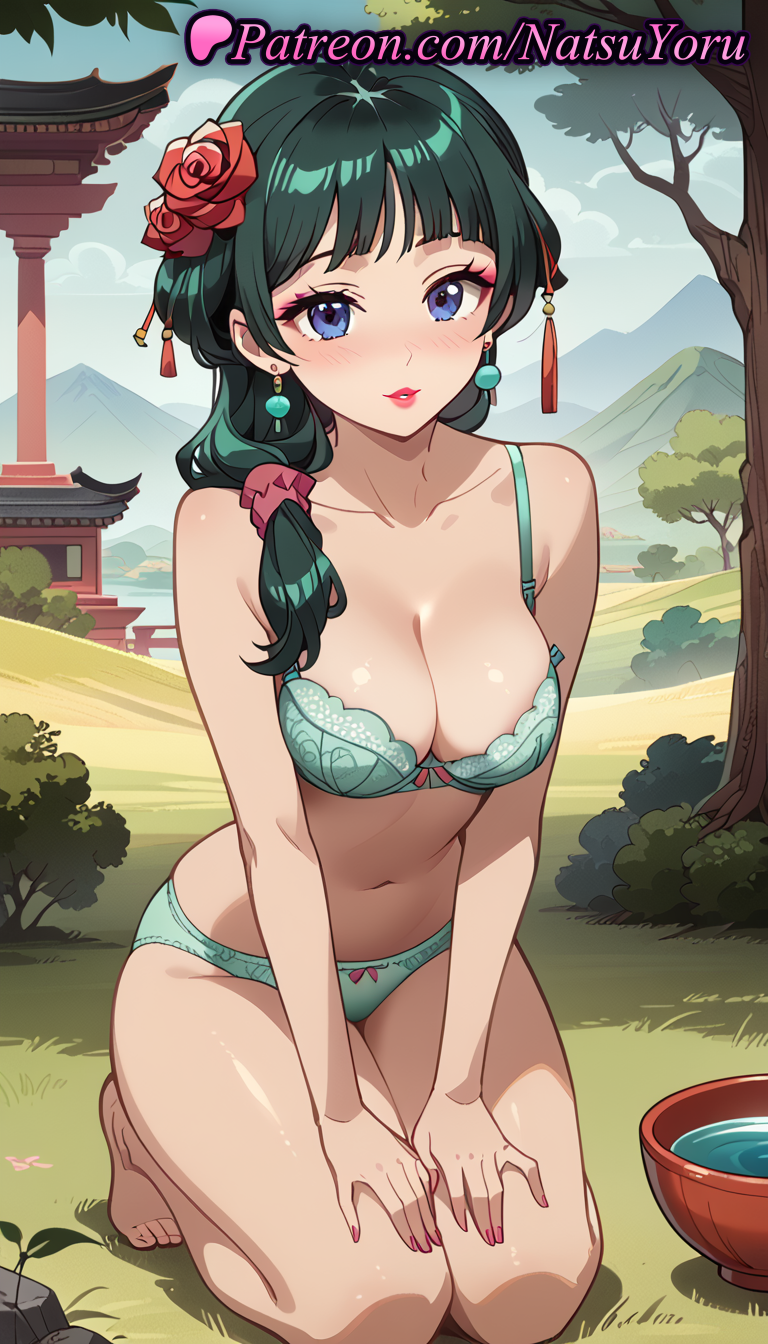 1girls ai_generated anime anime_style aqua_bra aqua_panties bangs bare_arms bare_legs bare_shoulders barefoot blue_eyes blunt_bangs blush bow bow_bra bow_panties bowl bra breasts bucket bust busty cleavage collarbone day earrings eyeshadow female female_focus female_only flower full_body grass green_bra green_hair green_panties hair_flower hair_ornament hair_over_shoulder hair_scrunchie hentai jewelry kneeling kusuriya_no_hitorigoto large_breasts lips lipstick long_hair looking_at_viewer makeup maomao_(kusuriya_no_hitorigoto) medium_breasts mountain nail_polish natsuyoru navel outdoors panties parted_lips pink_nails red_flower red_lips red_rose rose scrunchie sitting sky solo solo_female stomach tassel tassel_earrings thighs toes tree underwear underwear_only voluptuous voluptuous_female