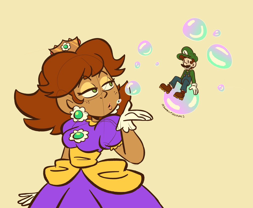 1boy 1girls blowing_bubbles blowing_kiss blue_eyes blue_overalls brown_hair bubble bubble_daisy crown dress ear_piercing earrings eyeshadow facial_hair female flower_earrings freckles giant giantess gloves green_hat green_shirt hat jewelry looking_at_another luigi makeup mario_(series) moustache nintendo not_porn overalls piercing princess princess_daisy purple_dress sarah_sketches shirt shoes short_hair size_difference smile super_mario_bros._wonder tan-skinned_female tan_skin white_gloves