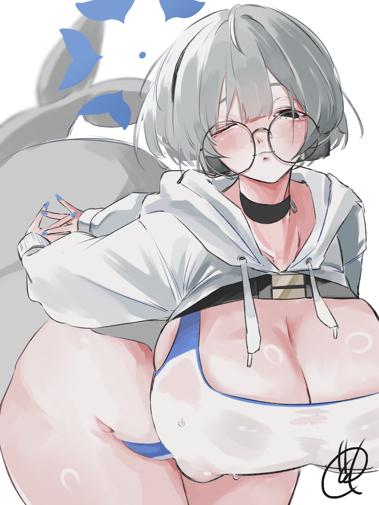 1girl, arms behind back, black choker, black eyes, blue archive, blue halo, blue nails, breasts, cetacean tail, choker, cleavage, commentary, covered erect nipples, fins, fish tail, glasses, grey hair, halo, highres, hooded shrug, kotone (blue archive), large breasts, light blush, light smile, multicolored one-piece swimsuit, one eye closed, one-piece swimsuit, ring light reflection, round eyewear, short hair, shrug (clothing), signature, solo, swimsuit, tail, thighs, two-tone one-piece swimsuit, white one-piece swimsuit, white shrug