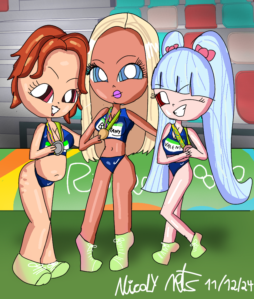 3girls absurd_res amber_(fellatrix) blonde_hair blue_eyes blue_hair brittany_(fellatrix) fellatrix hi_res light-skinned_female medal nicolyarts olympics original original_character red_eyes red_hair tagme valentina_(fellatrix)