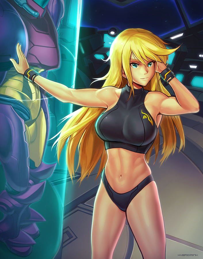 1girls blonde_hair bra breasts fit_female hybridmink metroid panties samus_aran smirk toned_belly underwear