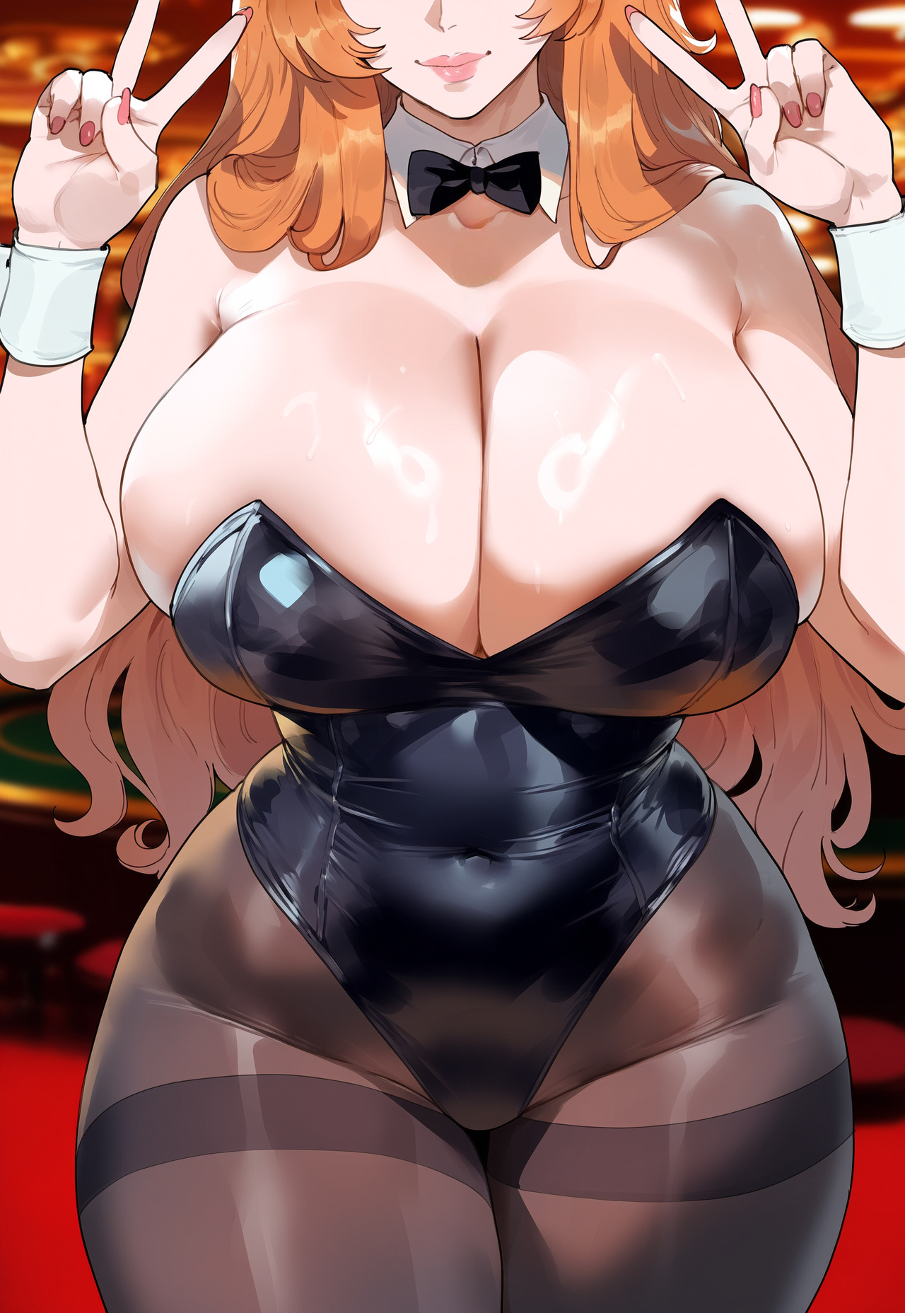 1girls, ai generated, bleach, bleach: the thousand-year blood war, breasts, bunnysuit, cleavage, creamy ai, double v, eyes out of frame, female, huge breasts, leotard, light skin, light-skinned female, long hair, matsumoto rangiku, mature, mature female, milf, mommy, orange hair, pantyhose, skindentation, solo, tagme, v