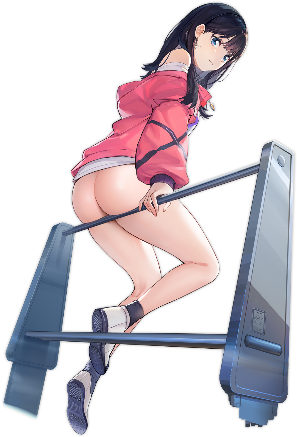 ass azur_lane bare_shoulders black_hair black_socks blue_eyes blush bottomless breasts closed_mouth earrings female from_behind from_below full_body gridman_universe jacket jewelry kurumi_(recycllamo) legs long_hair long_sleeves looking_at_viewer looking_back no_panties off_shoulder open_clothes open_jacket pink_jacket shirt shoes simple_background sneakers socks solo ssss.gridman sweater takarada_rikka takarada_rikka_(blue_sky_station)_(azur_lane) thighs white_background white_footwear