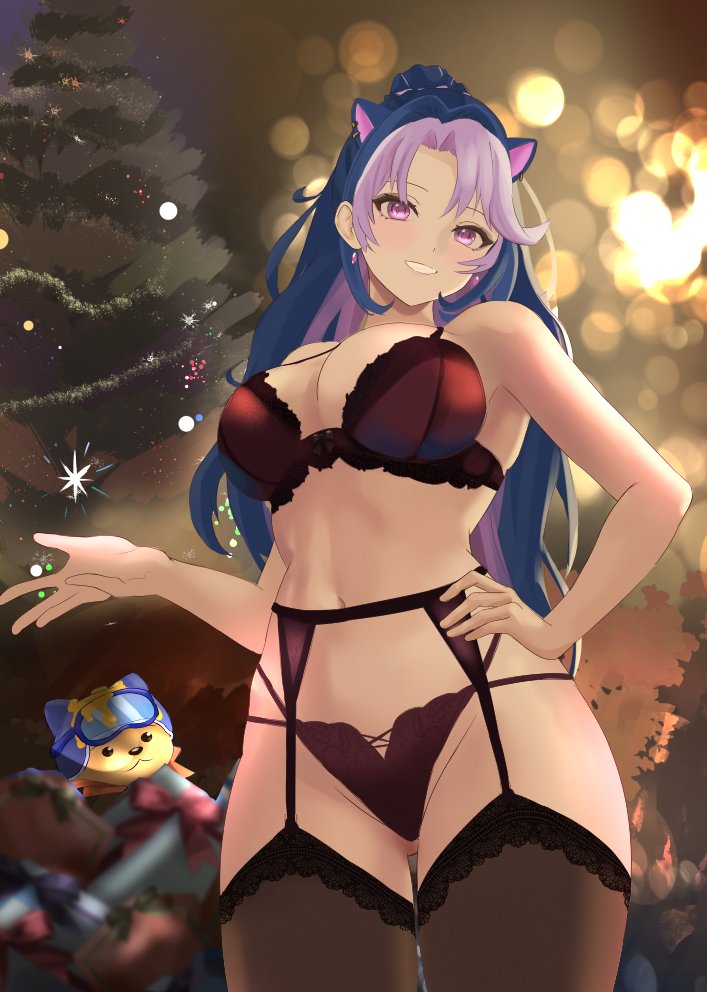 1girls alternate_costume animal_ears blue_hair bra christmas_tree estebaneishon1 female female_focus female_only front_view hourglass_figure indoors latam_virtual_youtuber light-skinned_female light_skin lingerie long_hair looking_at_viewer merry_christmas panther_girl pink_eyes pink_hair sexy shura_hiwa slim_girl smiling smiling_at_viewer solo solo_female solo_focus standing thighhighs thong two_tone_hair virtual_youtuber vjin vtuber vtuberfanart young younger_female