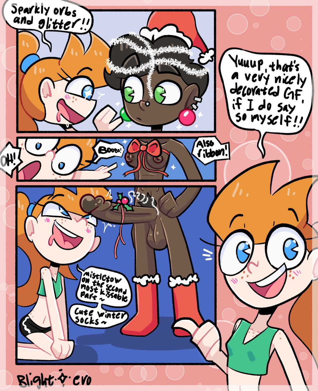 4_panel_comic 4koma abs admiring baubles blightstar blue_eyes bow_ribbon christmas christmas_stocking clothed comic dark_skin decoration dialogue emily_(blightstar) english_text futanari girlfriend glitter green_eyes interracial jess_(blightstar) kneeling looking_at_penis meme_reference mistletoe mistletoe_on_penis naked original original_character penis_awe piercing pointing_at_another presenting_another ribbon_bondage santa_hat short_hair speech_bubble standing tagme talking_to_viewer yuri