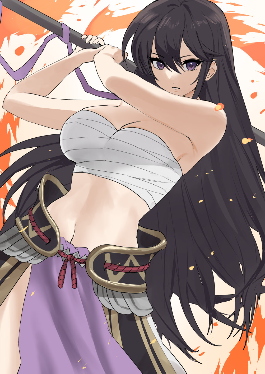 1girls alternate_costume ayra_(fire_emblem) bare_shoulders black_hair breasts chest_sarashi cleavage commission cosplay fire fire_emblem fire_emblem:_genealogy_of_the_holy_war fire_emblem_fates highres holding holding_polearm holding_weapon large_breasts long_hair looking_at_viewer navel oyatsu_0 pelvic_curtain polearm purple_eyes sarashi skeb_commission solo weapon