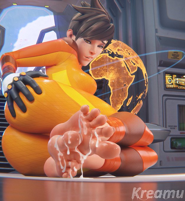 1girls 3d 3d_(artwork) ass barefoot big_ass bodysuit brown_hair cum cum_on_feet feet female foot_fetish foot_focus freckles full_color grabbing_own_ass kreamu no_penetration overwatch overwatch_2 short_hair skin_tight solo solo_female tracer