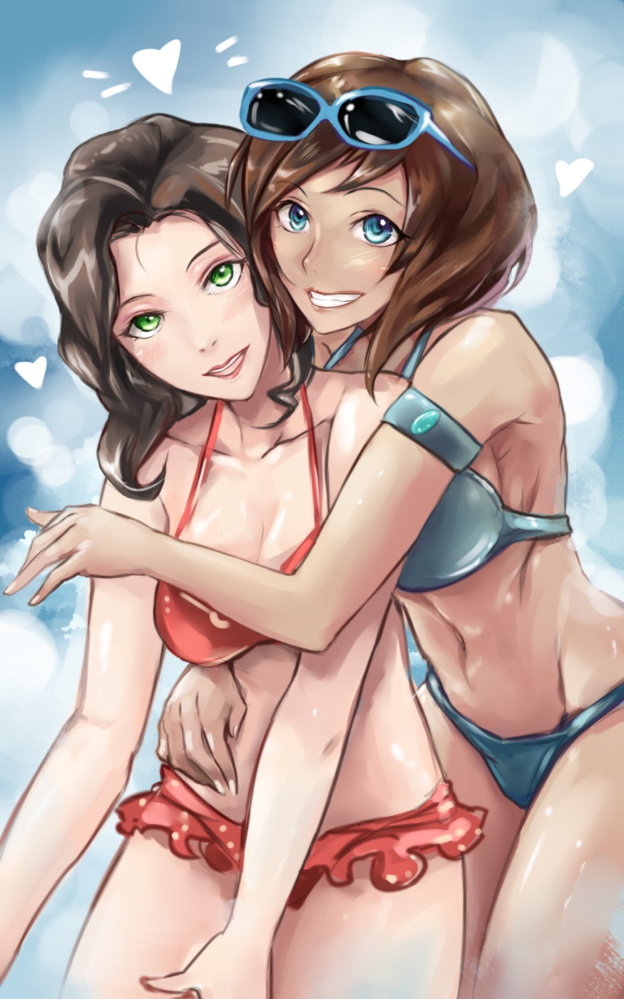 2girls arm_around_shoulders arm_around_waist armpit asami_sato avatar_legends barely_clothed bikini black_hair blue_bikini blue_eyes bob_cut brown_hair canon_couple cleavage clouds cute dark-skinned_female duo embrace female_only fit_female frilly_bikini frilly_clothing green_eyes head_tilt heart hearts_around_head hugging hugging_from_behind korra light-skinned_female lipstick long_hair looking_at_viewer love loving_embrace nickelodeon nicktoons pinup posing_for_the_viewer red_bikini sky straight_hair summer sunglasses sunglasses_on_head tagme the_avatar the_legend_of_korra thin_waist tomboy two-piece_swimsuit upper_body water wet wholesome yuri