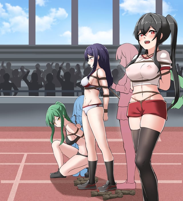 athletic athletic_female audience ball_gag black_hair black_pantyhose bondage bound bound_ankles bound_arms bound_legs bound_wrists choking defeated double_ponytail female green_hair hard_nipples long_hair minishorts nipples orange_eyes pantyhose ponytail public purple_eyes purple_hair red_ball_gag red_hair restrained restrained_arms restrained_legs restrained_wrists rope rope_bondage shaking shibari_over_clothes shoes side_ponytail socks sports_bra spots strangling struggling sweat sweatdrop