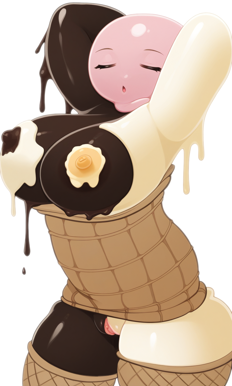 animate_inanimate big_breasts closed_eyes dripping food food_creature ice_cream knightnyan mallow_on_a_stick melting nipples pussy white_background