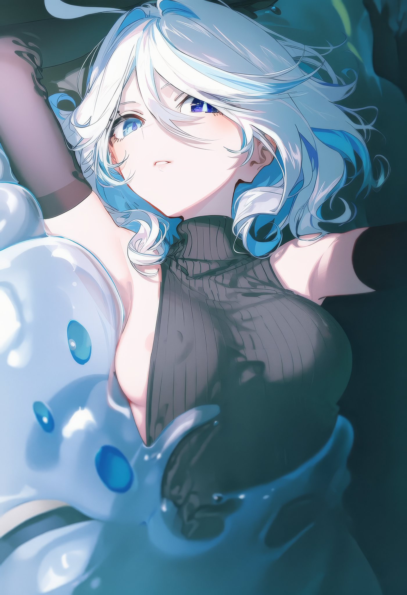 ai, ai art, ai generated, artificial intelligence, bangs, breasts, eyelashes, female, furina (genshin impact), genshin impact, hair, hips, long hair, stomach, thighs, titties, waist