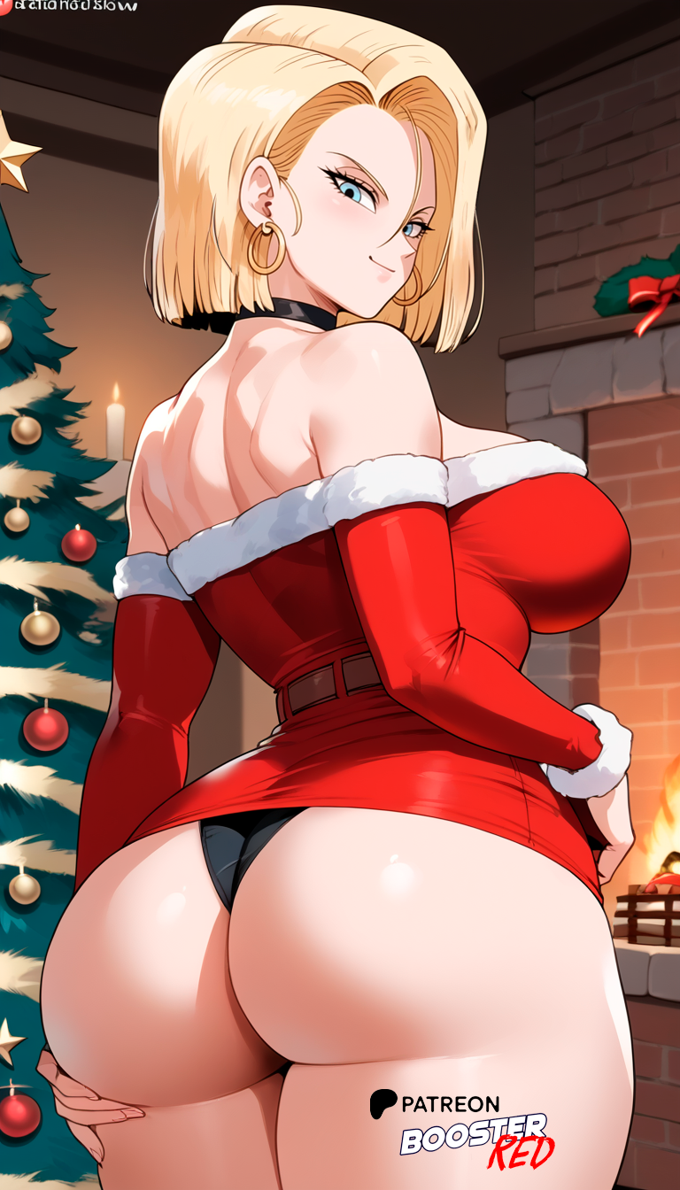 ai_generated android_18 ass ass_focus ass_grab bare_shoulders black_choker blonde_female blonde_hair blue_eyes boosterred99 choker christmas christmas_clothing christmas_outfit christmas_tree dragon_ball dragon_ball_z dress earrings from_behind from_behind_position large_breasts pony_diffusion_xl red_dress santa_costume seductive_look seductive_smile short_hair strapless thighs white_thong wide_hips