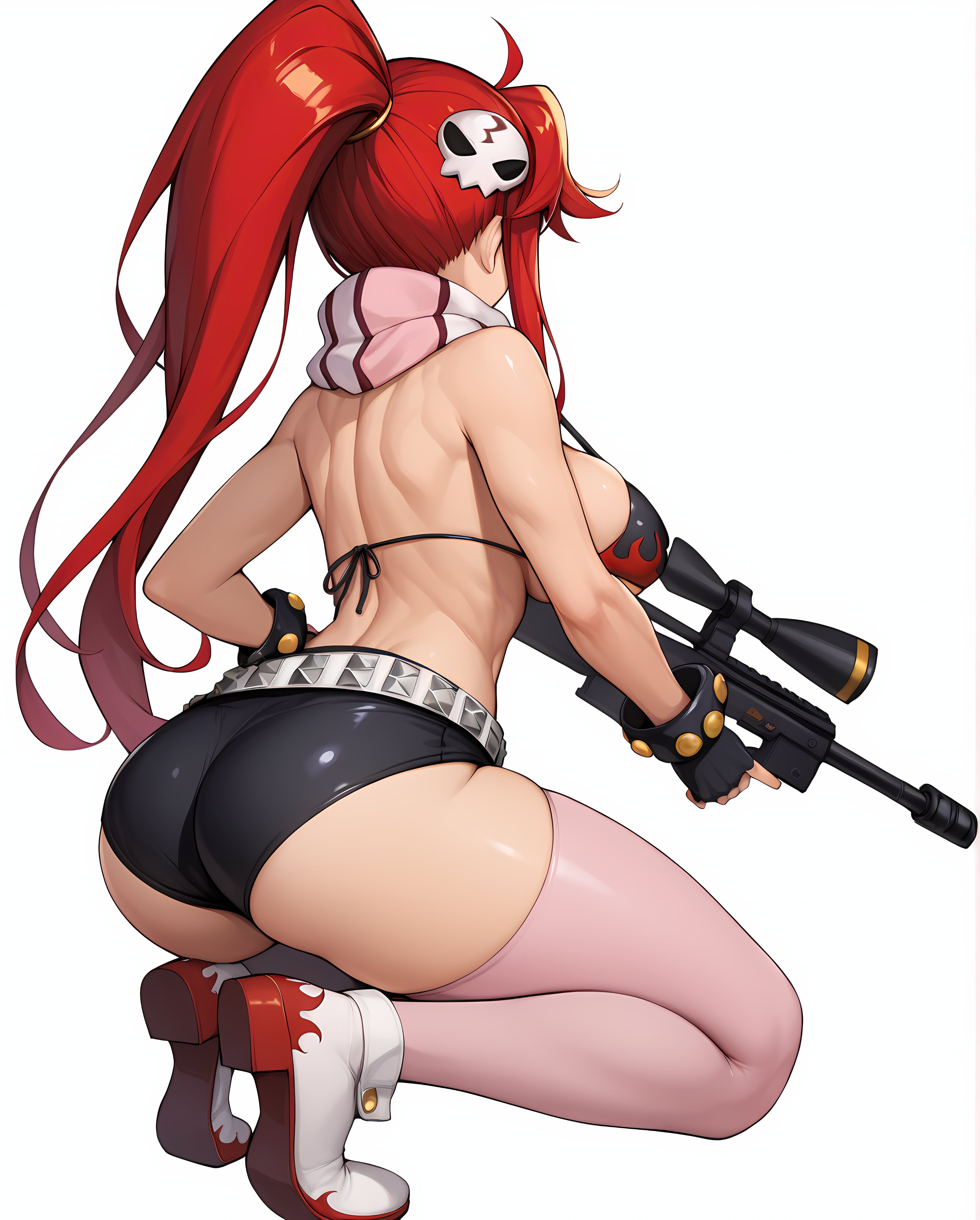 ai generated, ass, back view, belly button, big ass, big breasts, big butt, boots, bra, breasts, crouching, crouching female, female, female only, gloves, gun, long hair, red hair, rifle, scarf, shorts, sideboob, slim waist, tengen toppa gurren lagann, thick thighs, thighhighs, tied hair, wide hips, wilddio, yoko littner