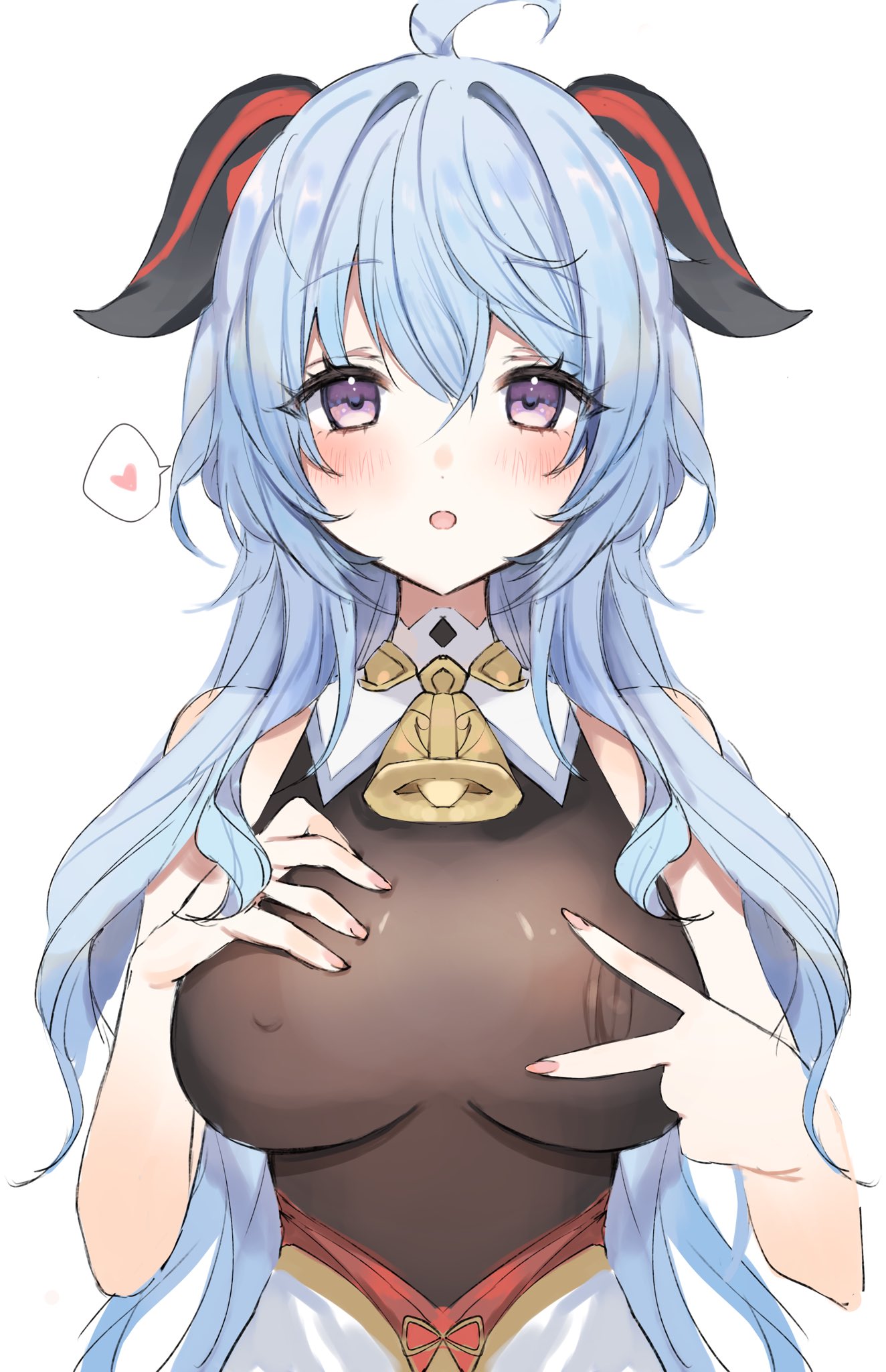 1girls, ahoge, areolae, areolae visible through clothing, bell, blue hair, blush, breasts, clothed, clothing, dragon girl, dragon horns, eyebrows visible through hair, female, ganyu (genshin impact), genshin impact, horns, hoyoverse, huge breasts, light skin, light-skinned female, mihoyo, nipples, nipples visible through clothing, purple eyes, simple background, solo, spoken heart, white background, yupi (yuyupiko01)