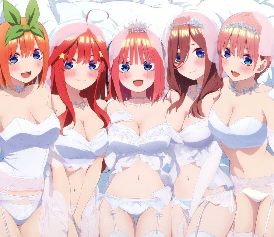 5girls, female, go-toubun no hanayome, nakano ichika, nakano itsuki, nakano miku, nakano nino, nakano yotsuba, siblings, sisters, sisters (lore), wedding dress
