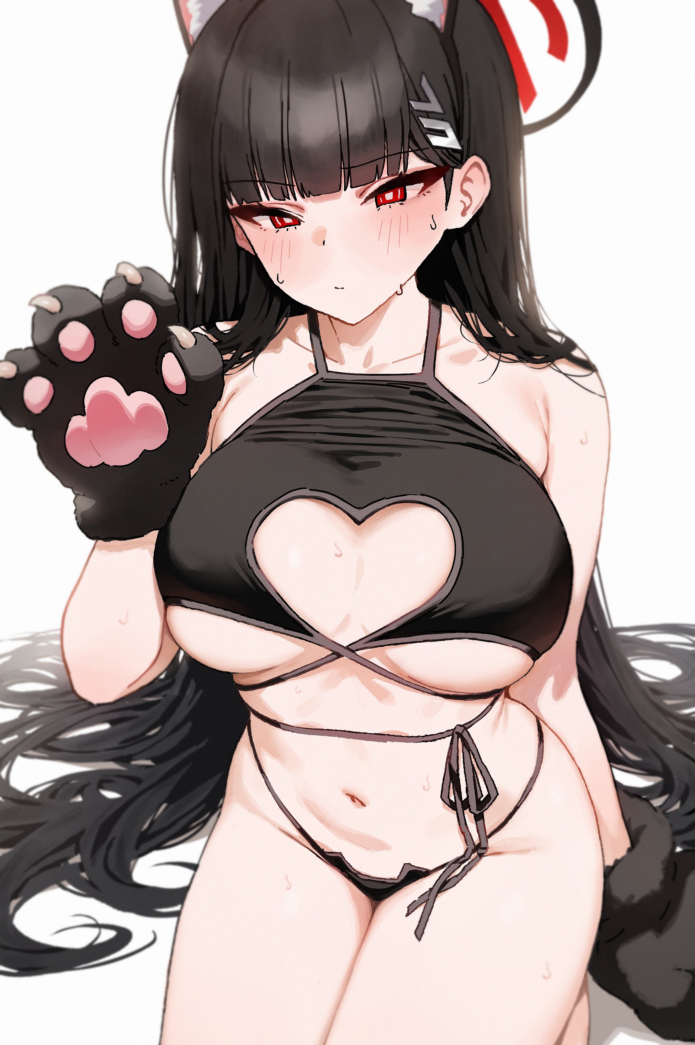 bangs, belly, black hair, blue archive, blunt bangs, blush, blush lines, breasts, cat ears, cat girl, cat gloves, cat paws, catgirl, cleavage, embarrassed, expressionless, female, heart cutout, hips, kneeling, large breasts, long hair, millennium science school student, mittens, mochirong, navel, one arm up, paw gloves, red eyes, rio (blue archive), seminar (blue archive), sleeveless, sweaty, thighs