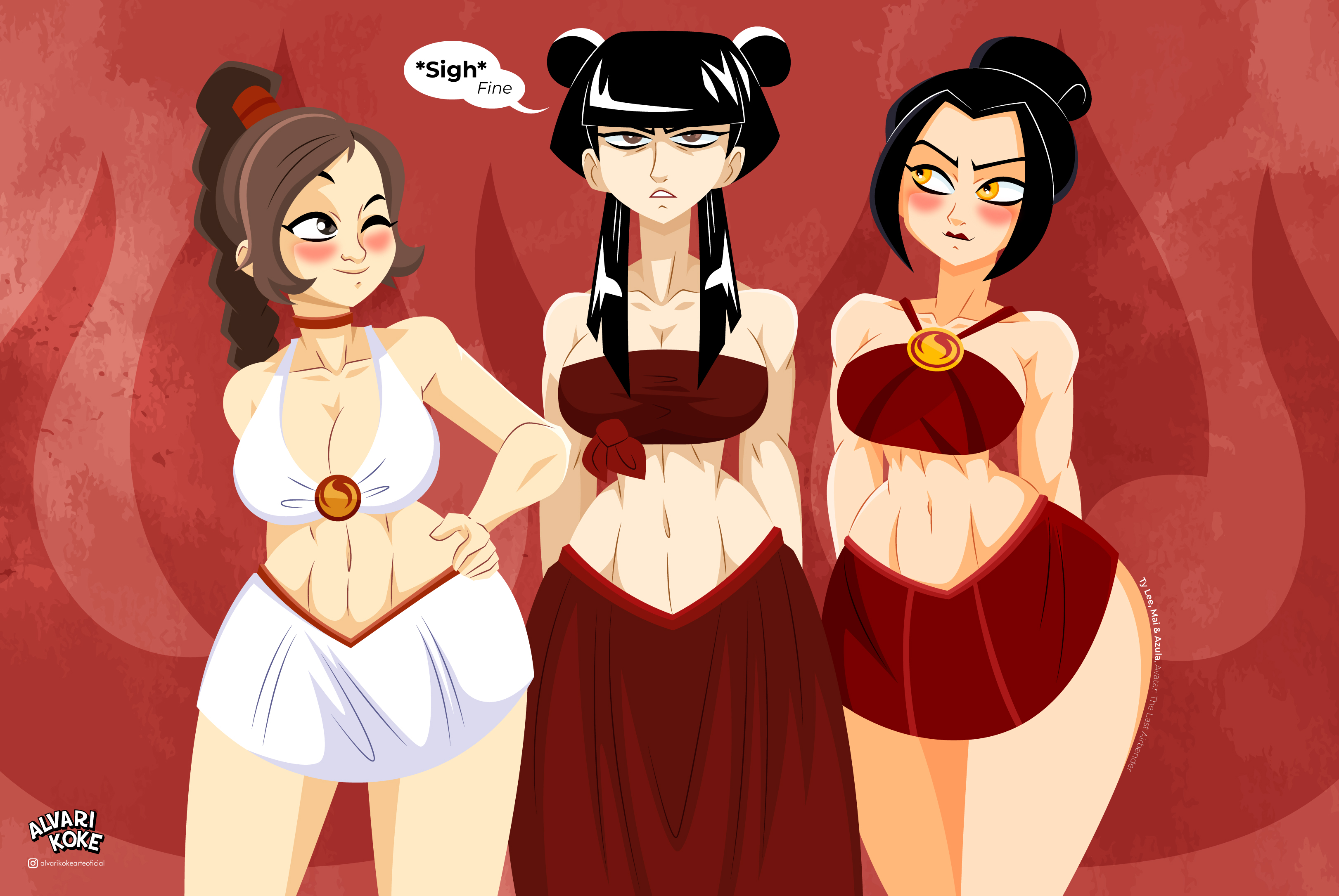 3girls, abs, alvarikokearte, avatar legends, avatar the last airbender, azula, bare arms, bare legs, bare shoulders, bare thighs, big breasts, bikini, bikini bottom, bikini top, black hair, blush, breasts, brown eyes, brown hair, clothed, clothing, color, english text, female, female focus, female only, fire nation, fit, fit female, hi res, large breasts, light skin, light-skinned female, long hair, mai (avatar), multiple females, multiple girls, nickelodeon, nicktoons, nonbender, short hair, solo female, speech bubble, swimwear, text, text bubble, thick thighs, ty lee, yellow eyes