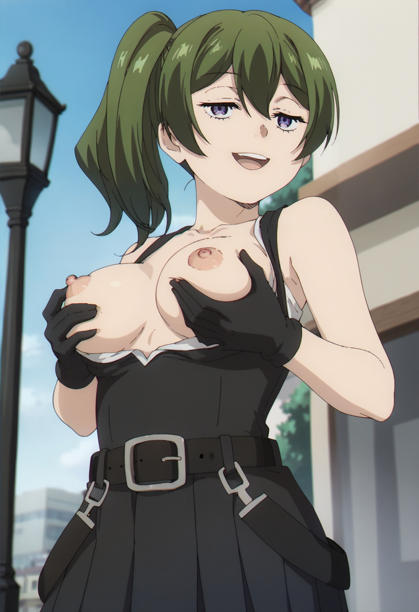 ai_generated dress female female_only fossillight grabbing_own_breast green_hair medium_breasts nipples purple_eyes showing_breasts sousou_no_frieren ubel_(sousou_no_frieren)