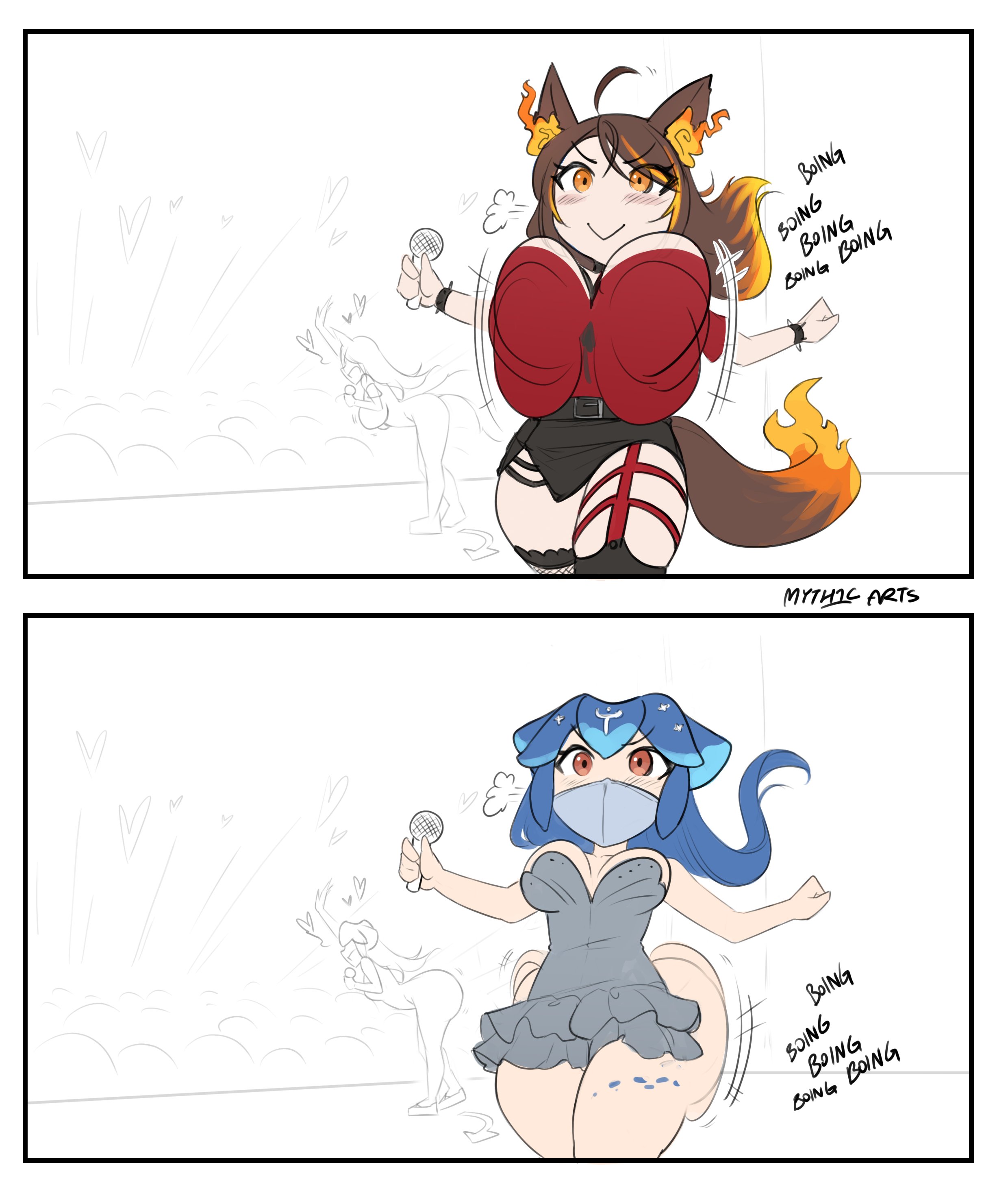 2girls, ass, ass vs breasts, bao (vtuber), big ass, big breasts, big butt, breasts, female, funny, hellhound, indie virtual youtuber, large breasts, myth1c, myth1carts, sinder (vtuber), virtual youtuber, wolf, wolf ears, wolf girl, wolf tail