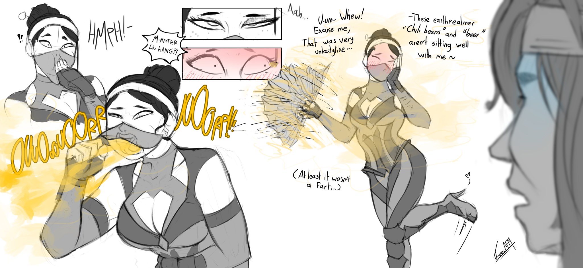 1boy, 1girls, belch, belching, burp, burp cloud, burp fetish, burping, embarrassed, female, juanesafm (artist), kitana, kitana (mk11), male, mortal kombat, tagme