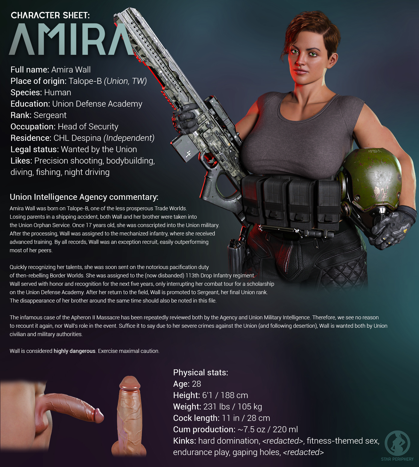 3d, amira (star periphery), brown hair, bulge, character sheet, clothing, dark skin, firearm, futa only, futanari, green eyes, gun, human, intersex, measurements, rifle, short hair, soldier, star periphery, stats, tank top, text, uncensored, voidpilgrim, weapon
