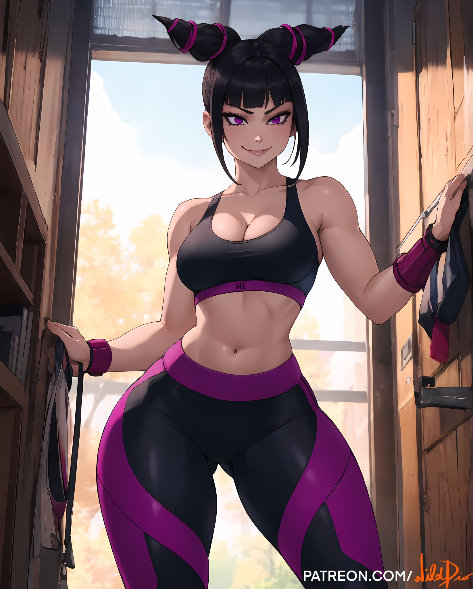 1girls, ai generated, ass, bare belly, belly button, big ass, big butt, black hair, breasts, cleavage, female, female only, gym uniform, juri han, looking at viewer, medium breasts, purple eyes, purple hair, sideboob, slim waist, smiling, smiling at viewer, solo, sports bra, sportswear, street fighter, street fighter 6, thick ass, thick hips, thick thighs, tied hair, top, two-tone hair, wide hips, wilddio, yoga pants