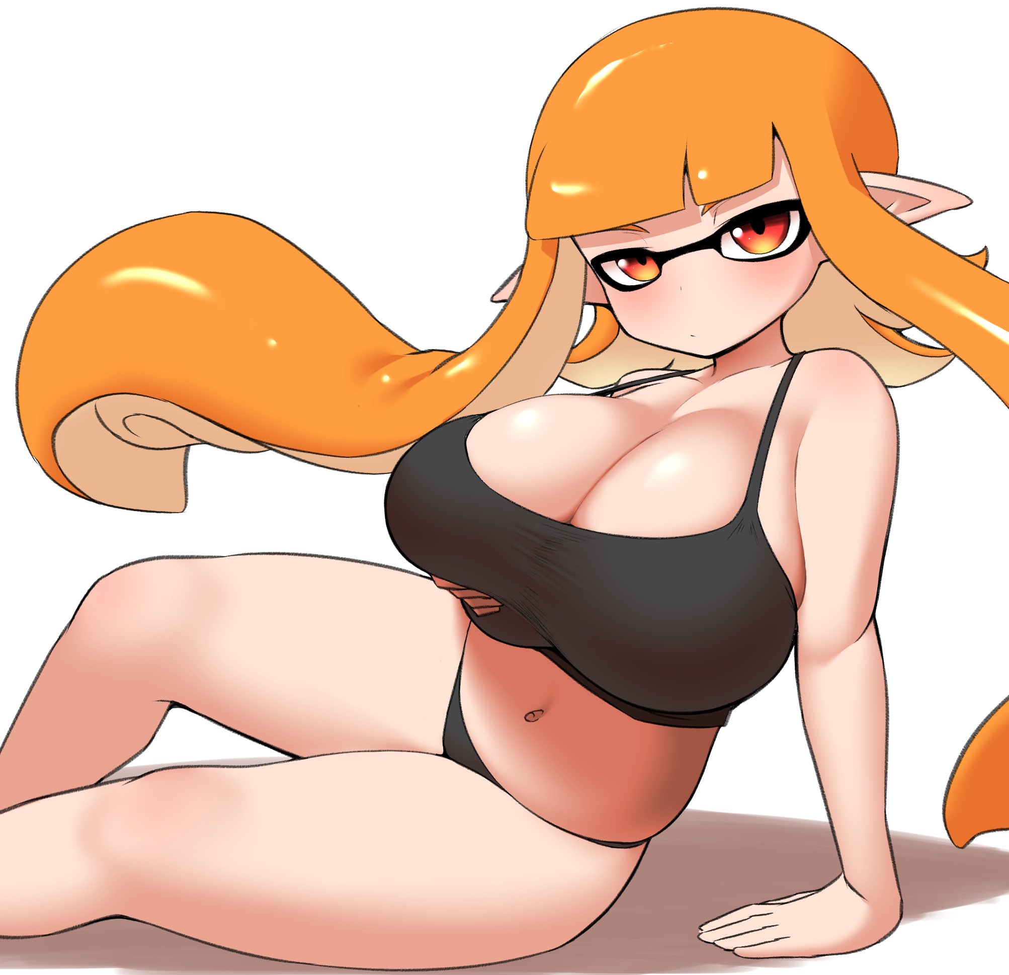 1girls, breasts, cleavage, female, hand on hip, hi res, inkling, inkling girl, kaori (splatoon), large breasts, light skin, light-skinned female, long hair, nintendo, nobunagapero, orange hair, plain background, splatoon, splatoon (series), tank top, tentacle hair