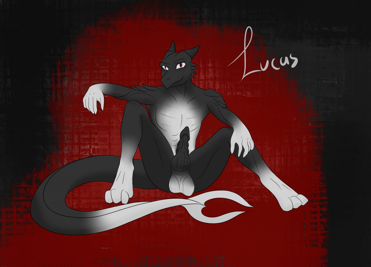 1boy ansil balls black_skin dragon horn lucas_draconid male male_only no_humans penis pose red_eyes ribs silver solo