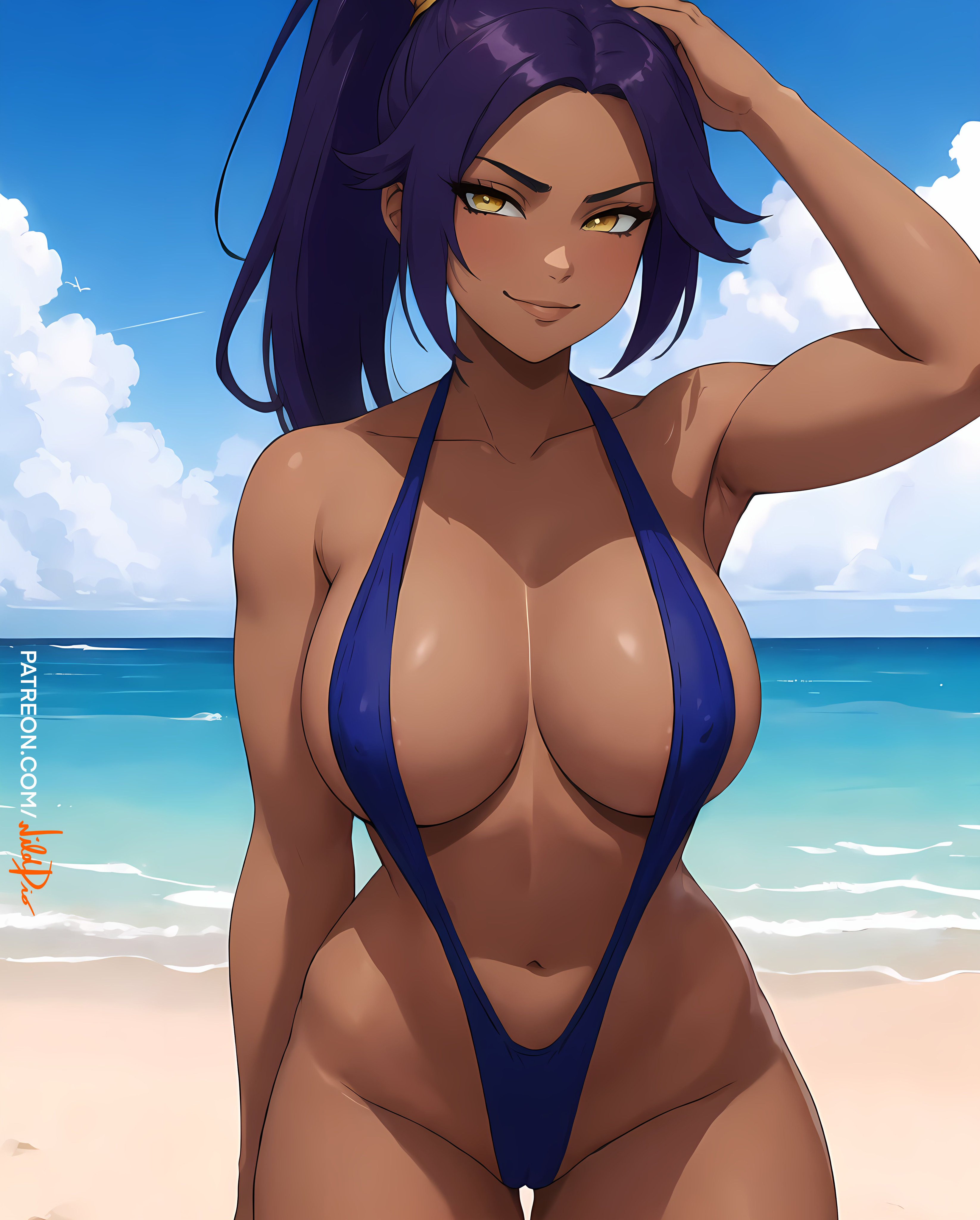 1girls, ai generated, beach, belly button, big breasts, bleach, bleach: the thousand-year blood war, breasts, dark skin, dark-skinned female, female, female only, looking at viewer, one-piece swimsuit, orange eyes, purple hair, shihouin yoruichi, slim, sling bikini, smile, smiling, smiling at viewer, solo, swimsuit, thick hips, tied hair, wide hips, wilddio