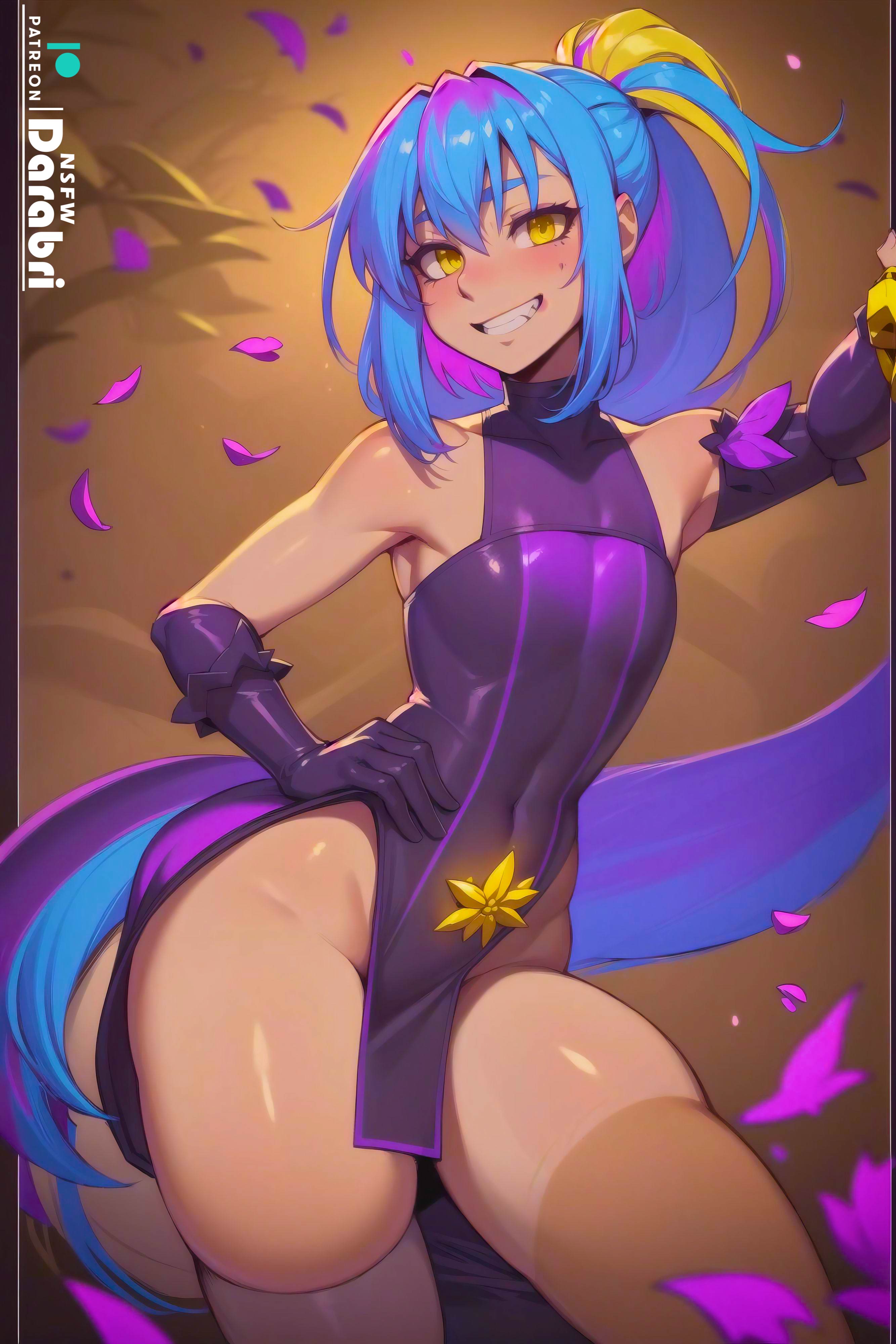 1boy, abstract background, absurd res, ai generated, arms up, ass, bangs, bare shoulders, beige skin, big ass, big hips, big thighs, blue hair, blush, colored, cute, cutout, darabri, detailed, dress, femboy, feminine male, flat chest, flat chested, gay, girly, glowing, hand on hip, logo, looking at viewer, male, male only, multicolored hair, navel, open smile, otoko no ko, outlines, patreon, patreon logo, pelvic curtain, petals, ponytail, pov eye contact, rimuru tempest, solo, stockings, teeth, teeth showing, tendrils, tensei shitara slime datta ken, thick, thick ass, thick hips, thick thighs, thighs, toned, trap, wide hips, yaoi, yellow eyes