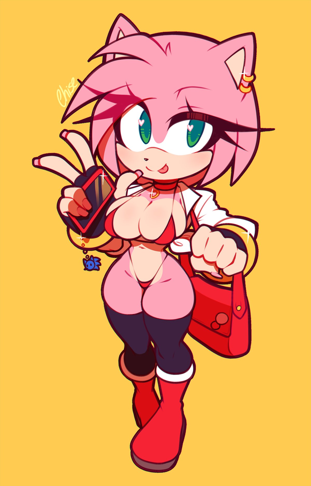 1girls, 2d, amy rose, ass, bag, belly, big breasts, bikini, boots, bra, bracelet, breasts, bubble ass, bubble butt, chisevongola, choker, earrings, eyelashes, female, fingerless gloves, furry, green eyes, gyaru, heart-shaped pupils, hedgehog humanoid, jacket, large breasts, long fingernails, long nails, panties, phone charm, pink fingernails, pink nails, pink skin, sega, smartphone, smile, solo, sonic (series), sonic the hedgehog (series), stockings, thick hips, thighhighs, thin waist, thong, tongue, tongue out, white jacket, yellow background