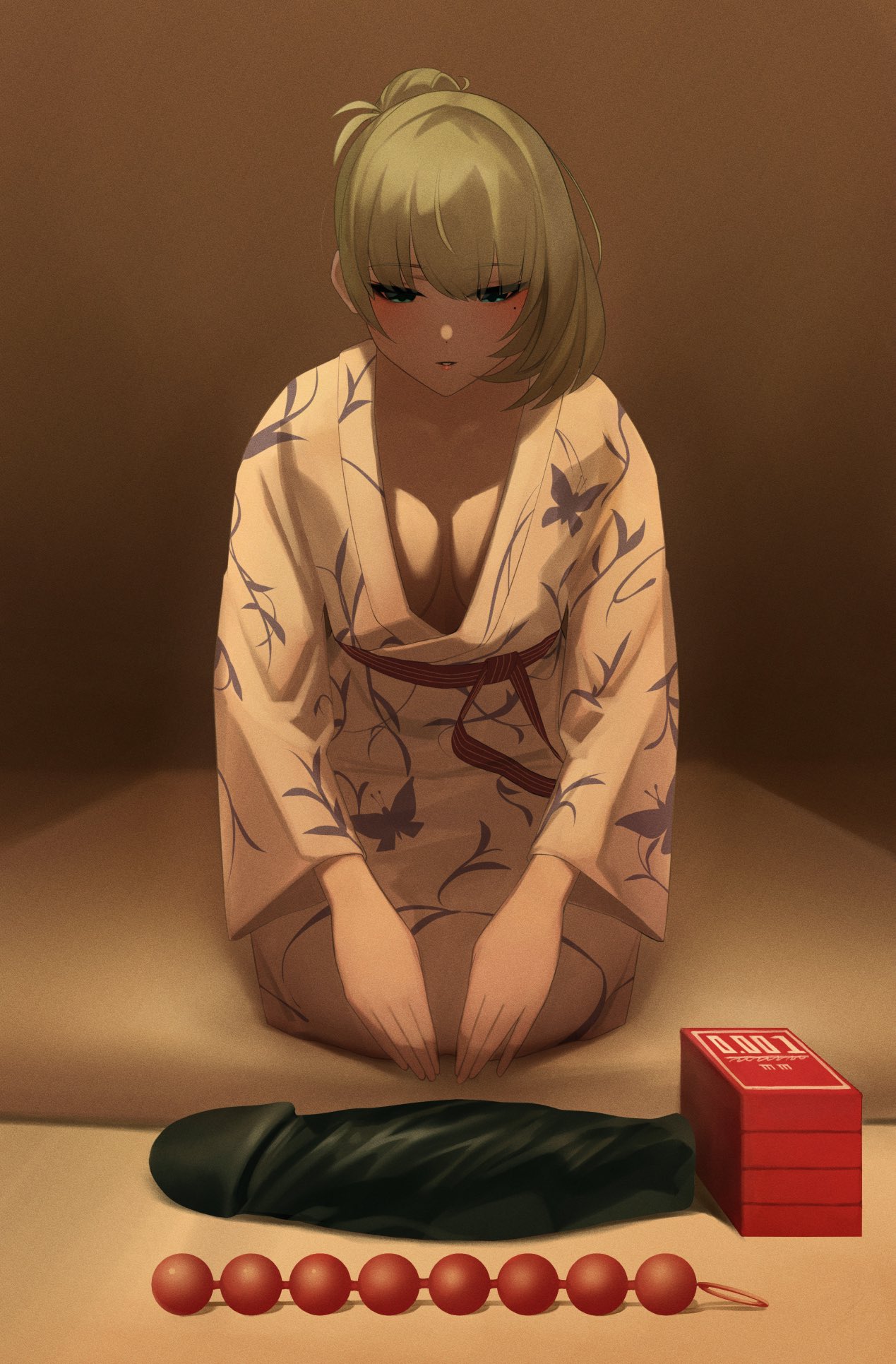 anal_beads big_dildo black_dildo blush clothed dildo huge_dildo idolmaster idolmaster_cinderella_girls imminent_penetration kimono kneeling mole mole_under_eye red_anal_beads senju_(snz0) sex_toy sitting solo solo_female solo_focus takagaki_kaede