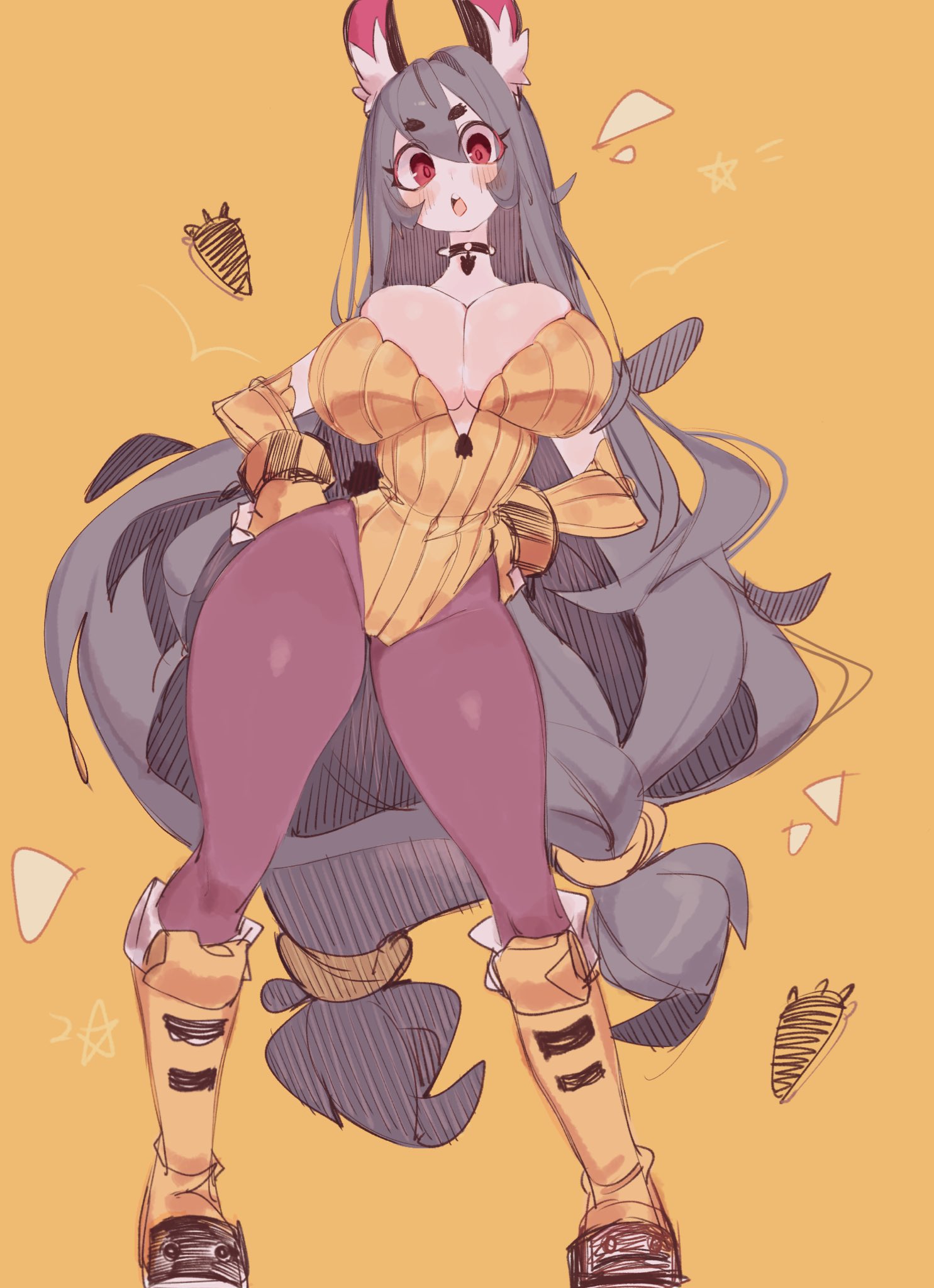 !, 1girls, armwear, big breasts, blush, boots, breasts, bunny ears, bunny girl, bunny industry (bongfillstudent), choker, eyebrows visible through hair, female, female only, grey hair, hands on hips, hi res, inner sideboob, leotard, long hair, looking at viewer, pantyhose, red eyes, solo, tank bunny (bongfillstudent), thick thighs, usa37107692, yellow background