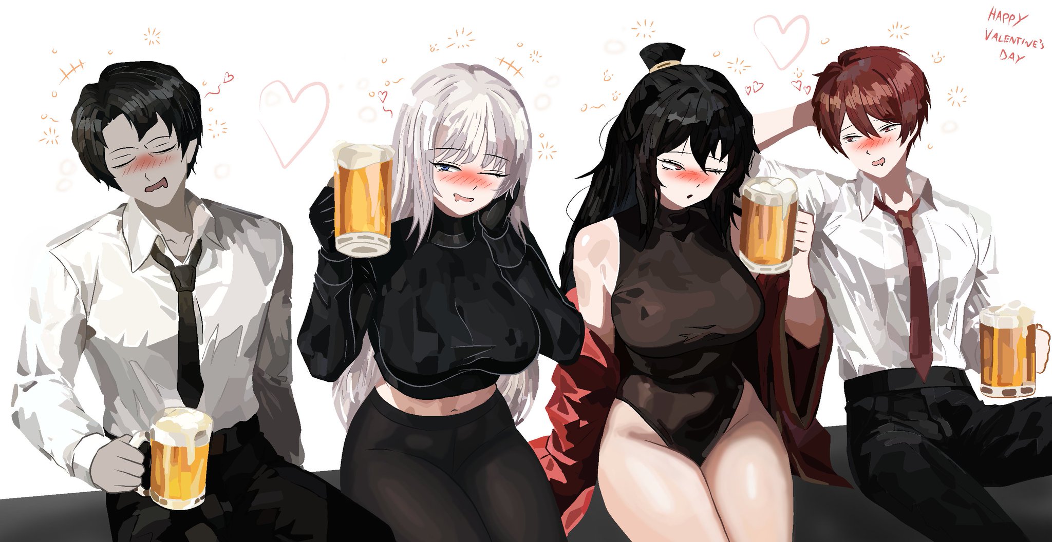 2boys, 2boys2girls, 2girls, 2girls2boys, angelica (library of ruina), big breasts, breasts, drink, drinking, drinking glass, drinking water, drunk, drunk bubble, drunk female, female, library of ruina, lowell (library of ruina), male, male/female, paul camadonnas, project moon, red hair, roland (library of ruina), tagme, thick thighs, thighs, white hair, xiao (library of ruina)