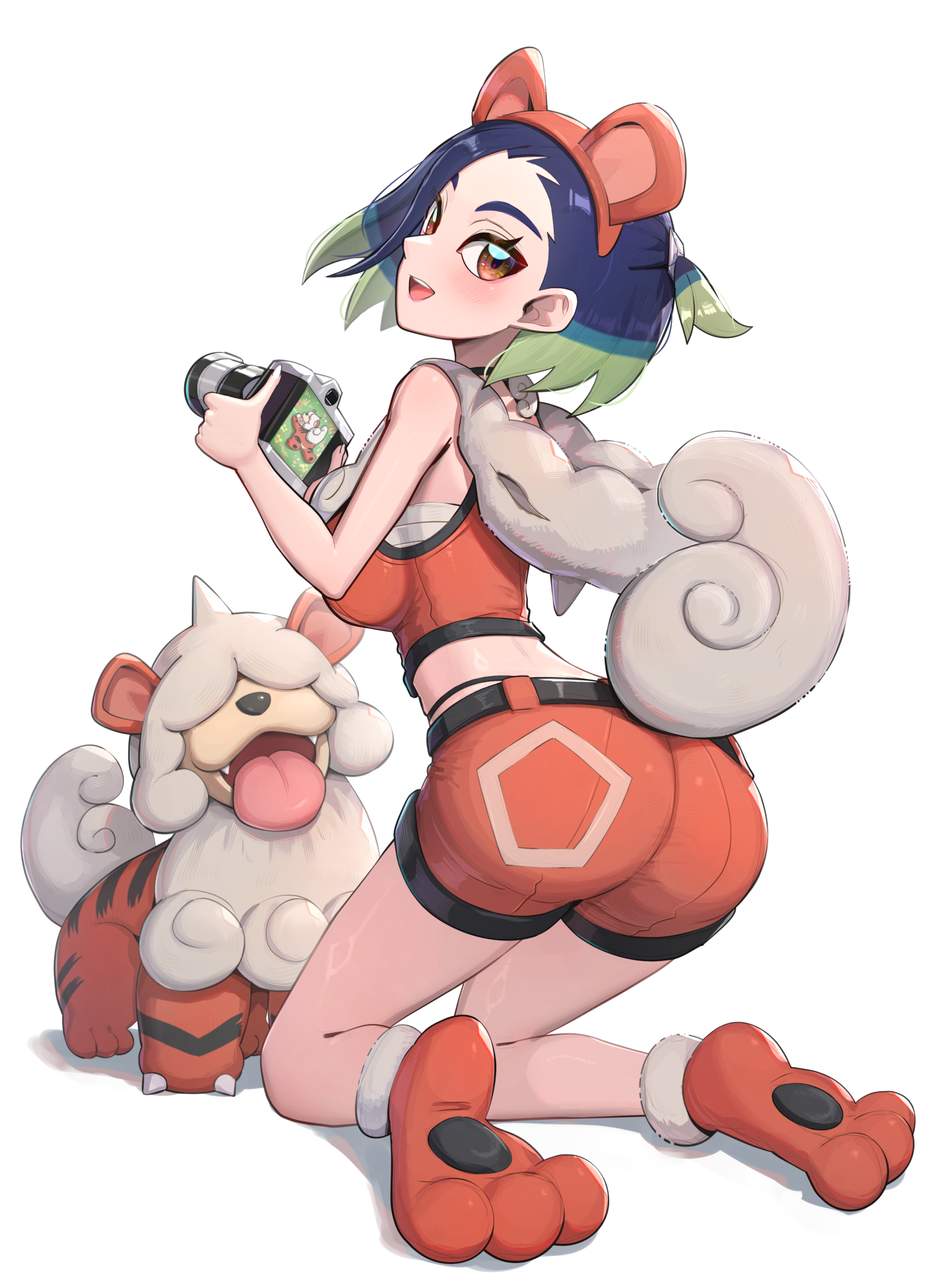 1girls, absurdres, animal ears, animal hands, bare shoulders, blue hair, bob cut, breasts, brown eyes, camera, cosplay, crop top, dog ears, dog paws, dog tail, fake animal ears, fake tail, fangs, female, game freak, gonzarez, gradient hair, growlithe (cosplay), highres, hisuian growlithe, hisuian growlithe (cosplay), holding, midriff, multicolored hair, nintendo, open mouth, perrin (pokemon), pokemon, pokemon (cosplay), pokemon (creature), pokemon legends: arceus, pokemon sv, pokemon sv teal mask, shirt, short hair, shorts, simple background, sleeveless, sleeveless shirt, smile, tail, tongue, tongue out, undershirt, white background, white nails