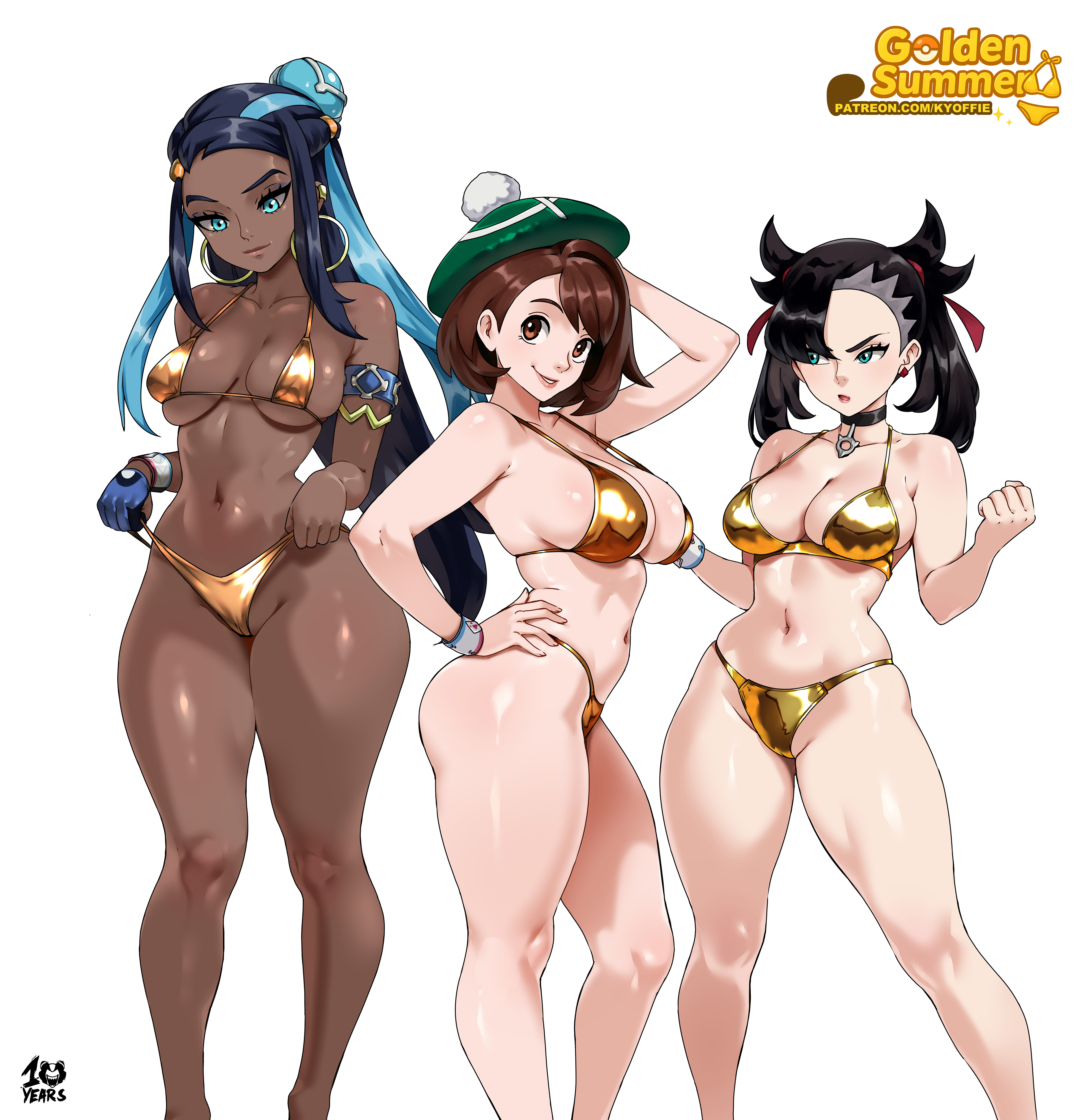 2025, 3girls, absurd res, adult female, aged up, alternate breast size, armband, armwear, ass, big breasts, bikini, black hair, black-haired female, blue eyes, blue hair, blue-haired female, breasts, brown eyes, brown hair, brown-haired female, chocolate and vanilla, choker, dark skin, dark-skinned female, earrings, female, female only, game freak, gloria (pokemon), gold bikini, green eyes, grey eyes, hat, hoop earrings, kyoffie, large breasts, light skin, light-skinned female, long hair, long-haired female, looking at viewer, marnie (pokemon), medium breasts, multicolored hair, nessa (pokemon), nintendo, pale skin, pale-skinned female, pokemon, pokemon ss, short hair, short-haired female, smile, tagme, thick thighs, watermark, white background, wide hips, wristband