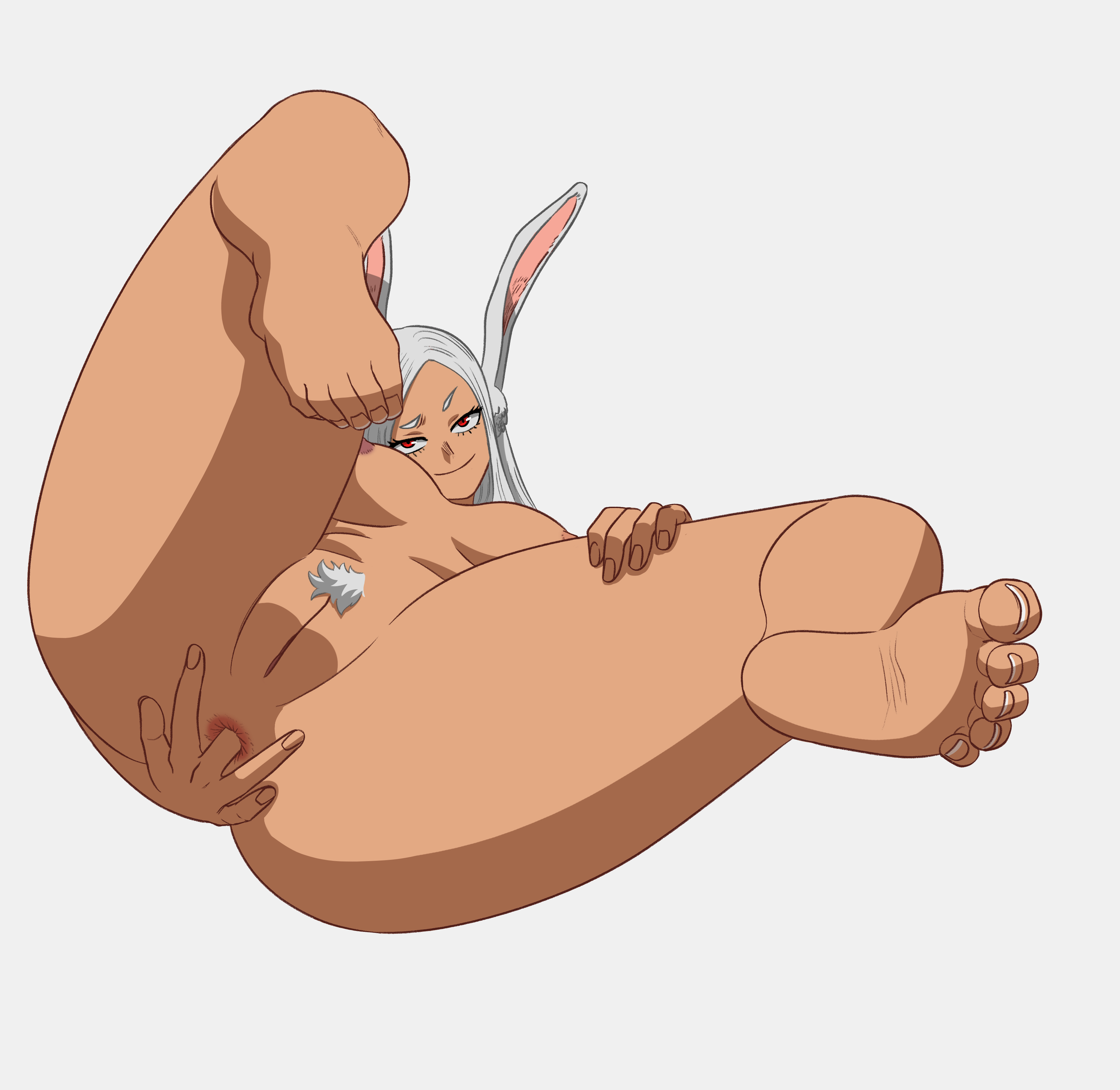 1girls, boku no hero academia, ebony, female, female pubic hair, fingering self, long hair, looking at viewer, looking down, looking up, mfuncen, mirko, miruko, my hero academia, pussy, pussy lips, red eyes, rumi usagiyama, thick thighs, usagiyama rumi, white hair