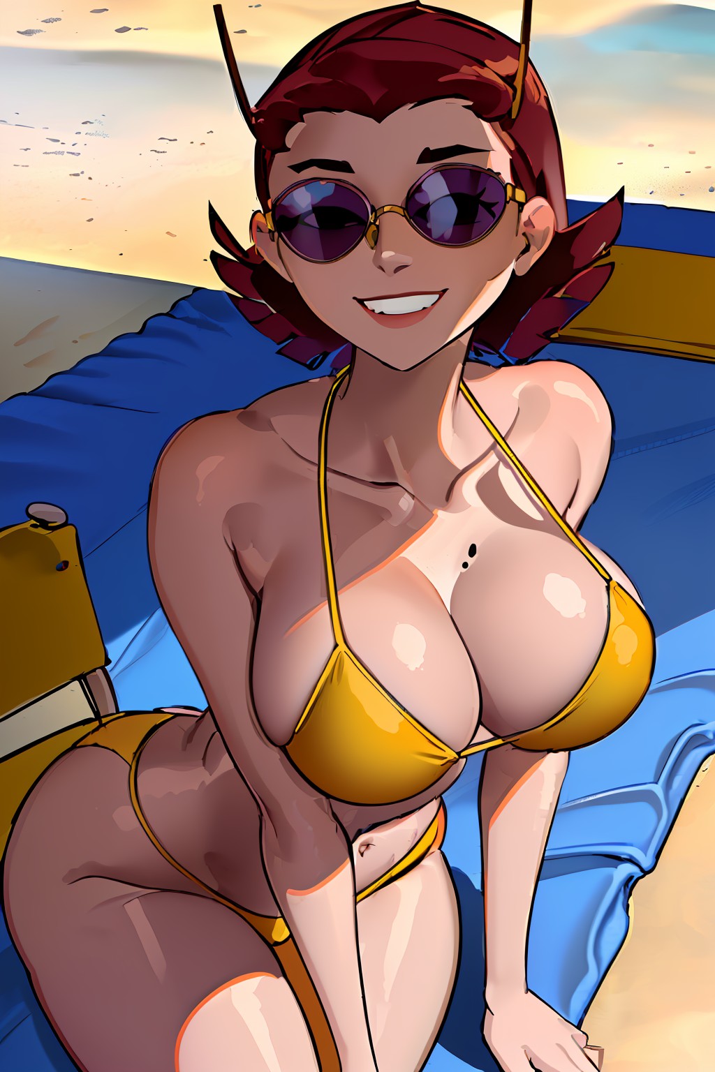 1girls ai_generated avengers beach big_breasts bikini busty female female_only janet_van_dyne large_breasts light-skinned_female marvel marvel_comics on_knees red_hair roger1011 solo sunglasses the_avengers:_earth's_mightiest_heroes yellow_bikini