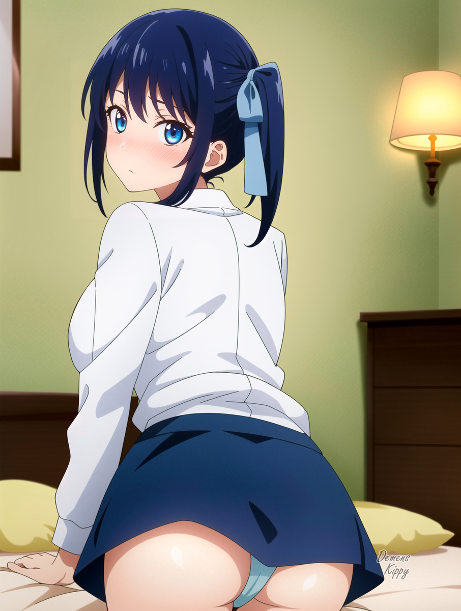 ai_generated ass ass_focus big_ass big_breasts blue_eyes blue_hair blush demens_kippy kanojo_mo_kanojo looking_at_viewer looking_back_at_viewer medium_hair minase_nagisa only_female panties schoolgirl shy