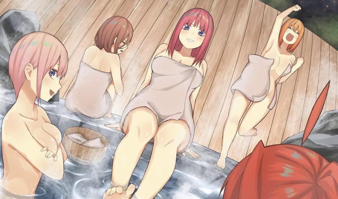 5girls, bathrobe, female, go-toubun no hanayome, nakano ichika, nakano itsuki, nakano miku, nakano nino, nakano yotsuba, official art, sisters