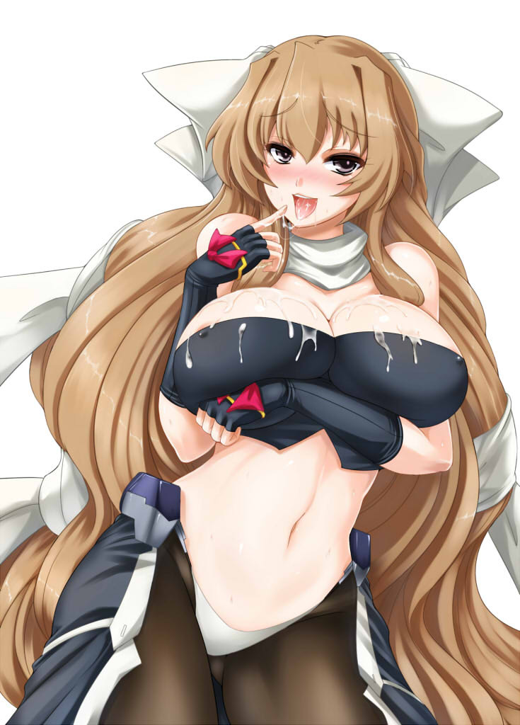 aoi_kimi areola_slip bare_shoulders black_eyes black_legwear blush breast_hold breasts brown_hair cleavage cum cum_in_mouth cum_on_clothes erect_nipples female fingerless_gloves gloves hair_ribbon huge_breasts kyoukaisenjou_no_horizon long_hair midriff naughty_face navel nekoi_hikaru open_mouth pantyhose ribbon solo